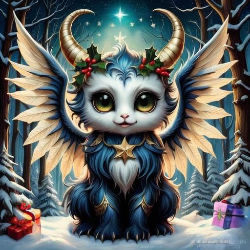 Adorable Chibi Christmas Creature in Forest Scene