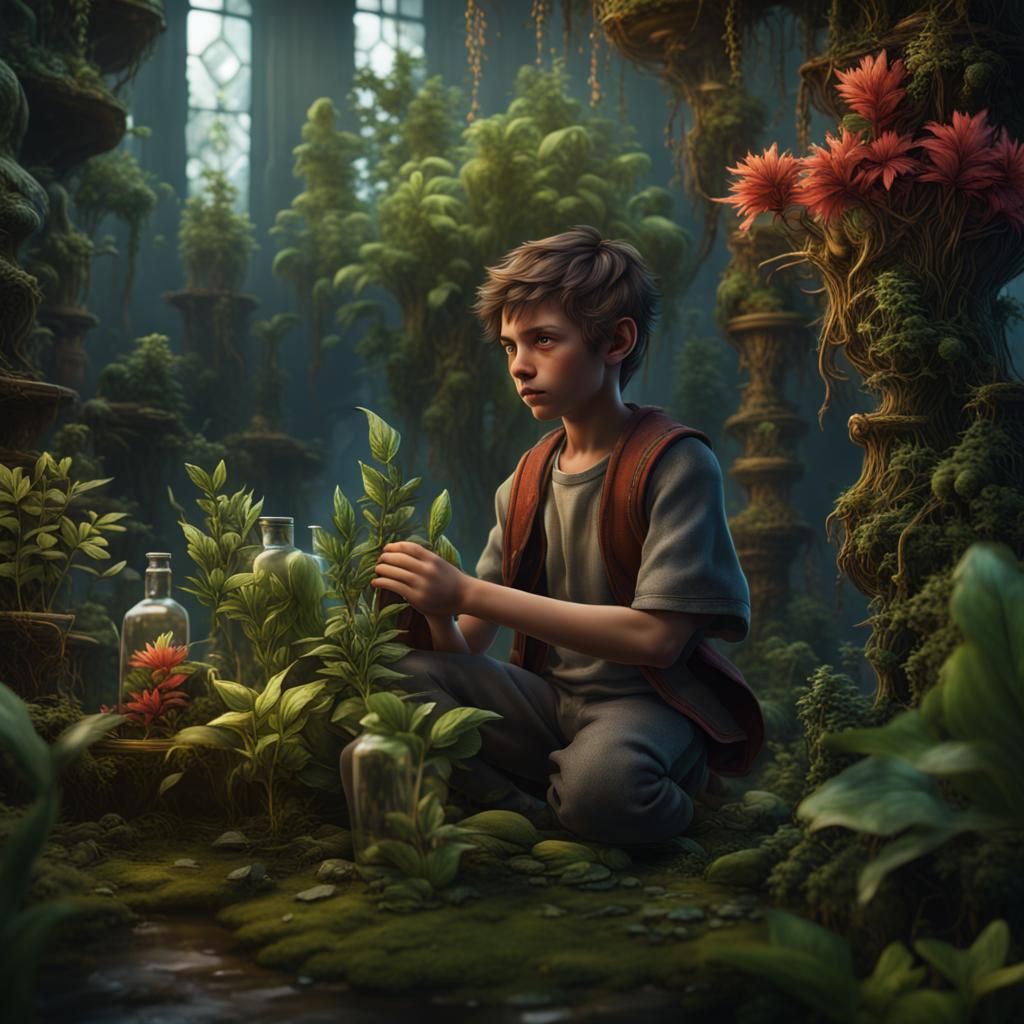Boy Turns Plants to Medicine: Fantasy Art