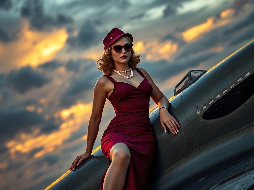 Pinup Girl on Hurricane Airplane Wing at Dusk