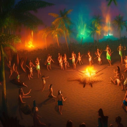 Tribal Beach Party at Night in Emerald and Gold