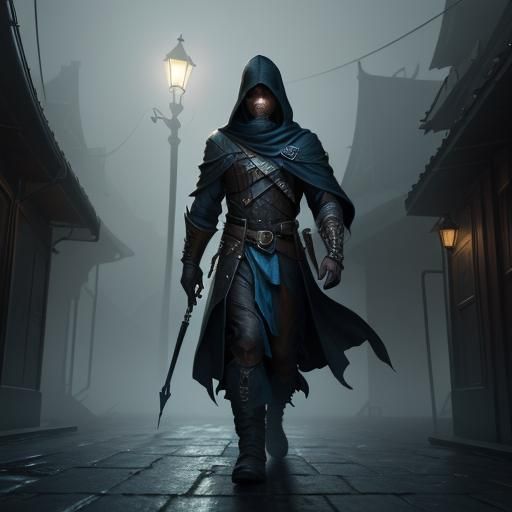 Hooded Assassin in Misty Alleyway: Fantasy Concept Art