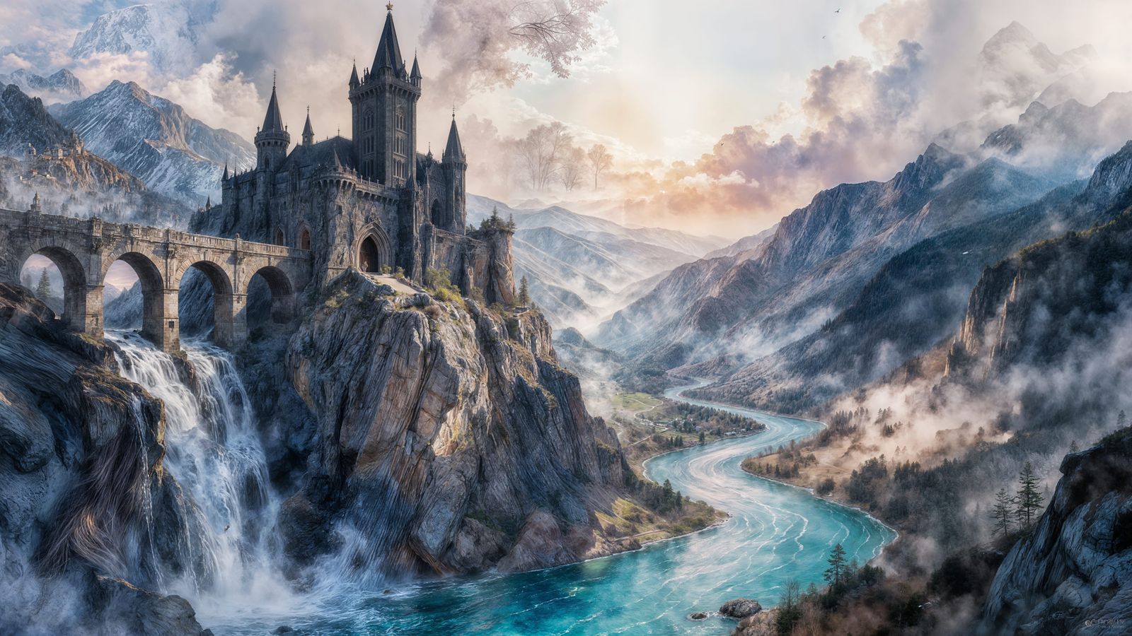 Majestic Dark Stone Castle in Watercolor