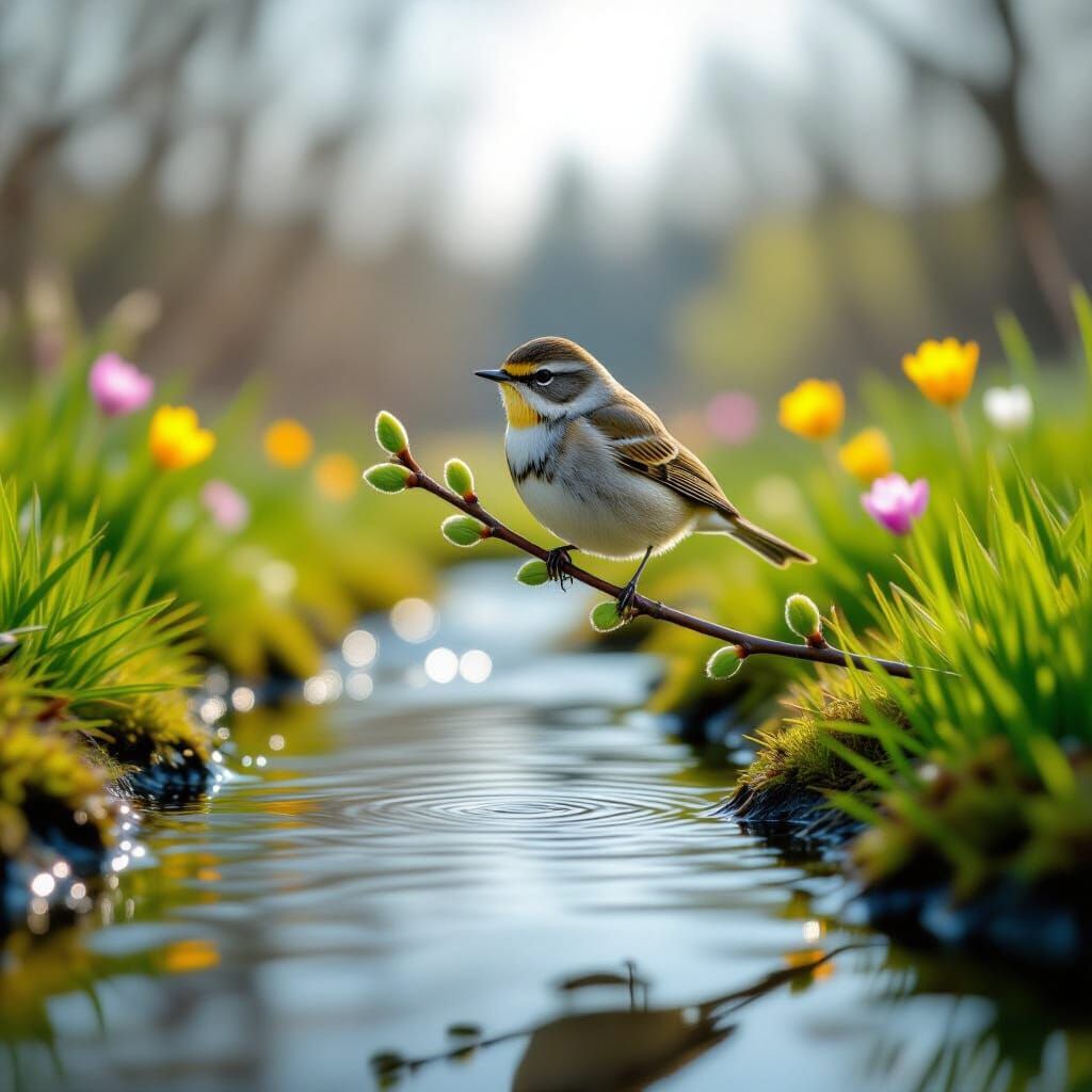 Willow Warbler on Spring Branch with Brook Reflection