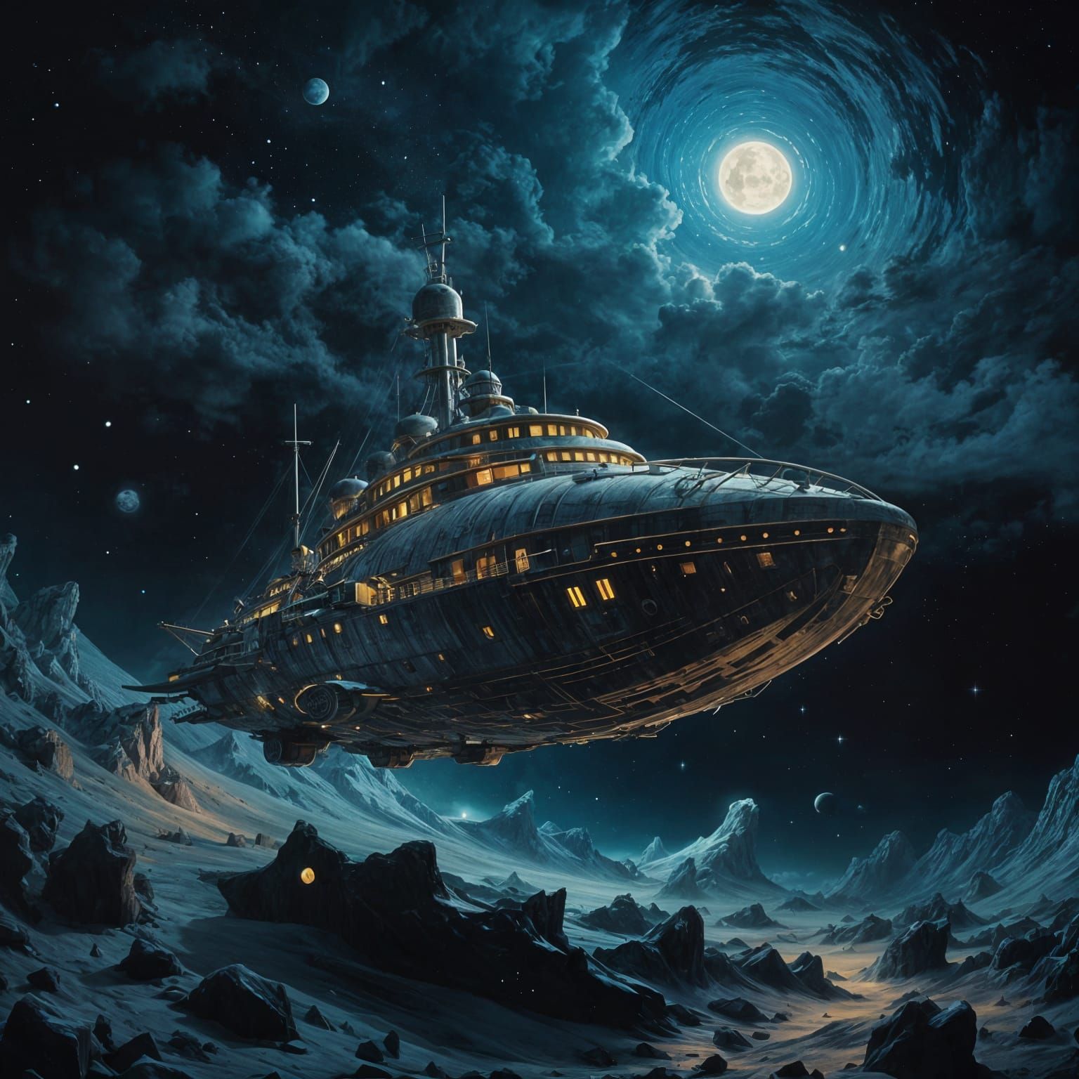 Surrealist Oil Painting of a Serene Spaceship in the Cosmos