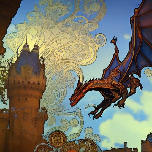 Dragon Over Castle in Art Nouveau Style