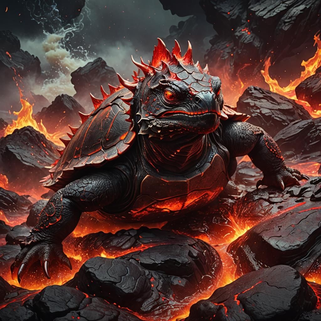 Dragon Turtle in Lava Sea: Hyperrealistic Concept Art