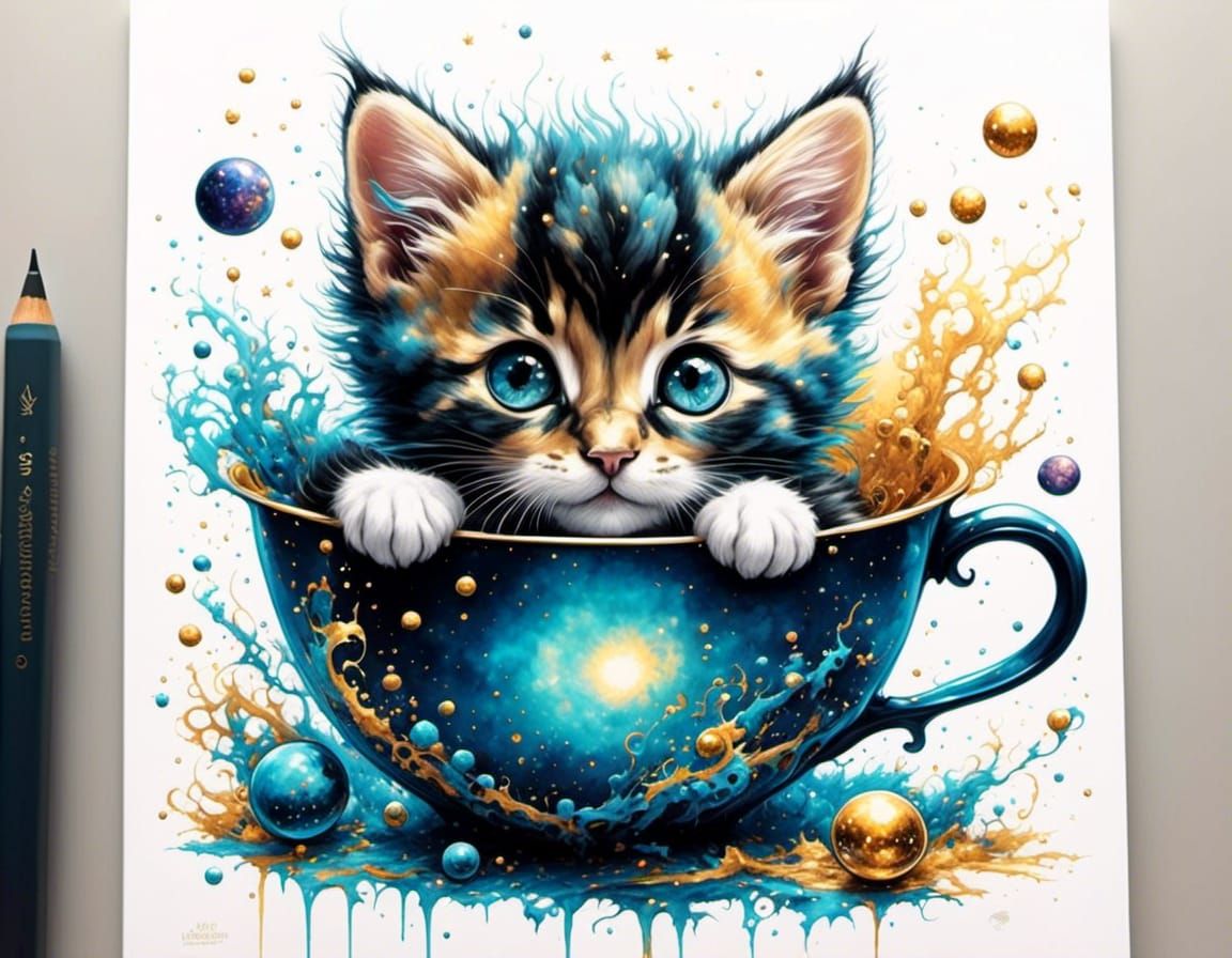 Cute Kitten Drifting Through Space as Digital Art
