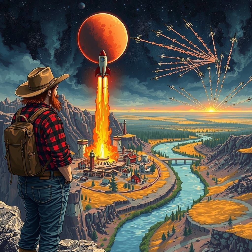 Man in Red Hair and Brown Cowboy Hat Stands at Edge of Desol...