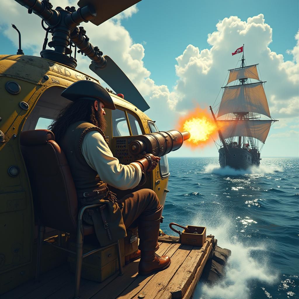 Pirate in Helicopter Firing Cannon, Syd Mead Style