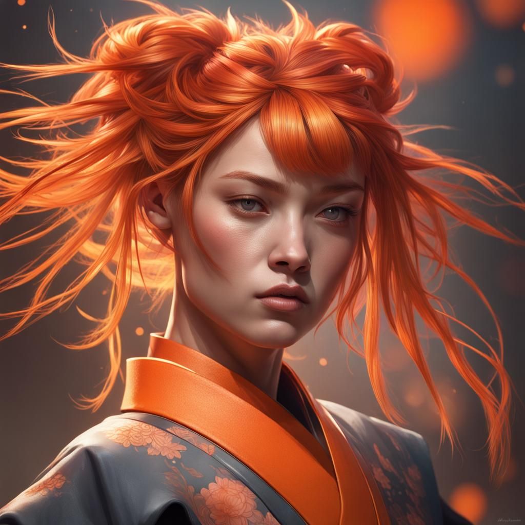 Samurai Ballerina with Wild Orange Hair Portrait