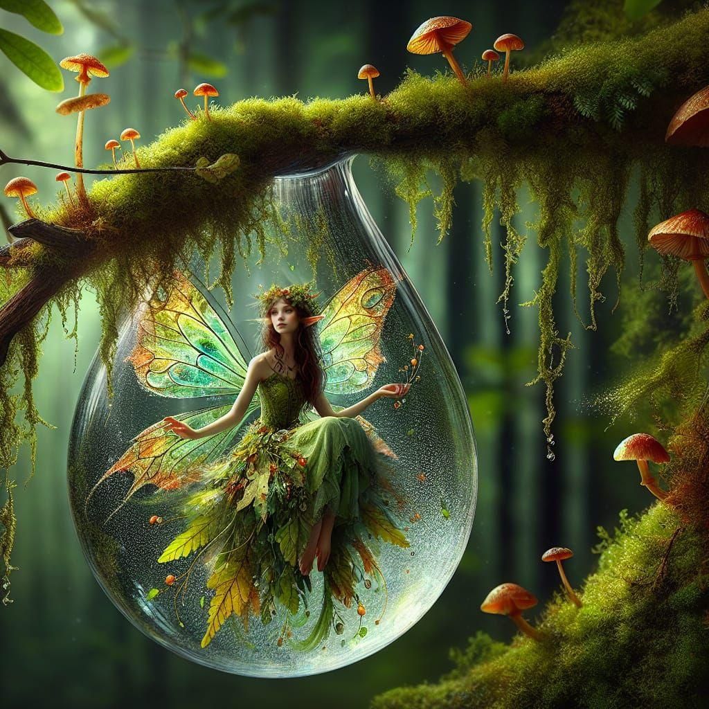 Ethereal Fairy in Dewdrop Swing, Magical Forest Scene