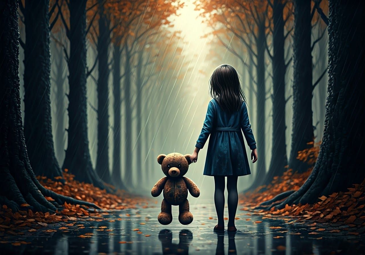 Faceless Girl Drags Teddy Bear Through Rainy Forest