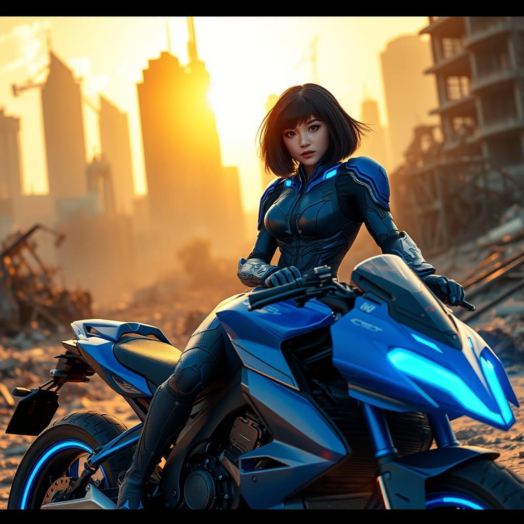 Woman in Blue Armor on Futuristic Motorcycle