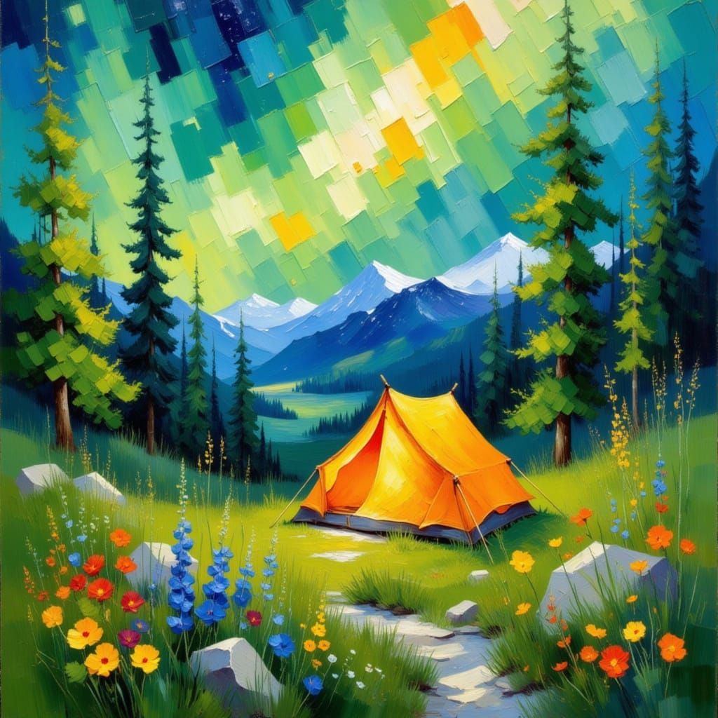 Magic Glowing Tent Under Aurora Borealis, Impasto Oil