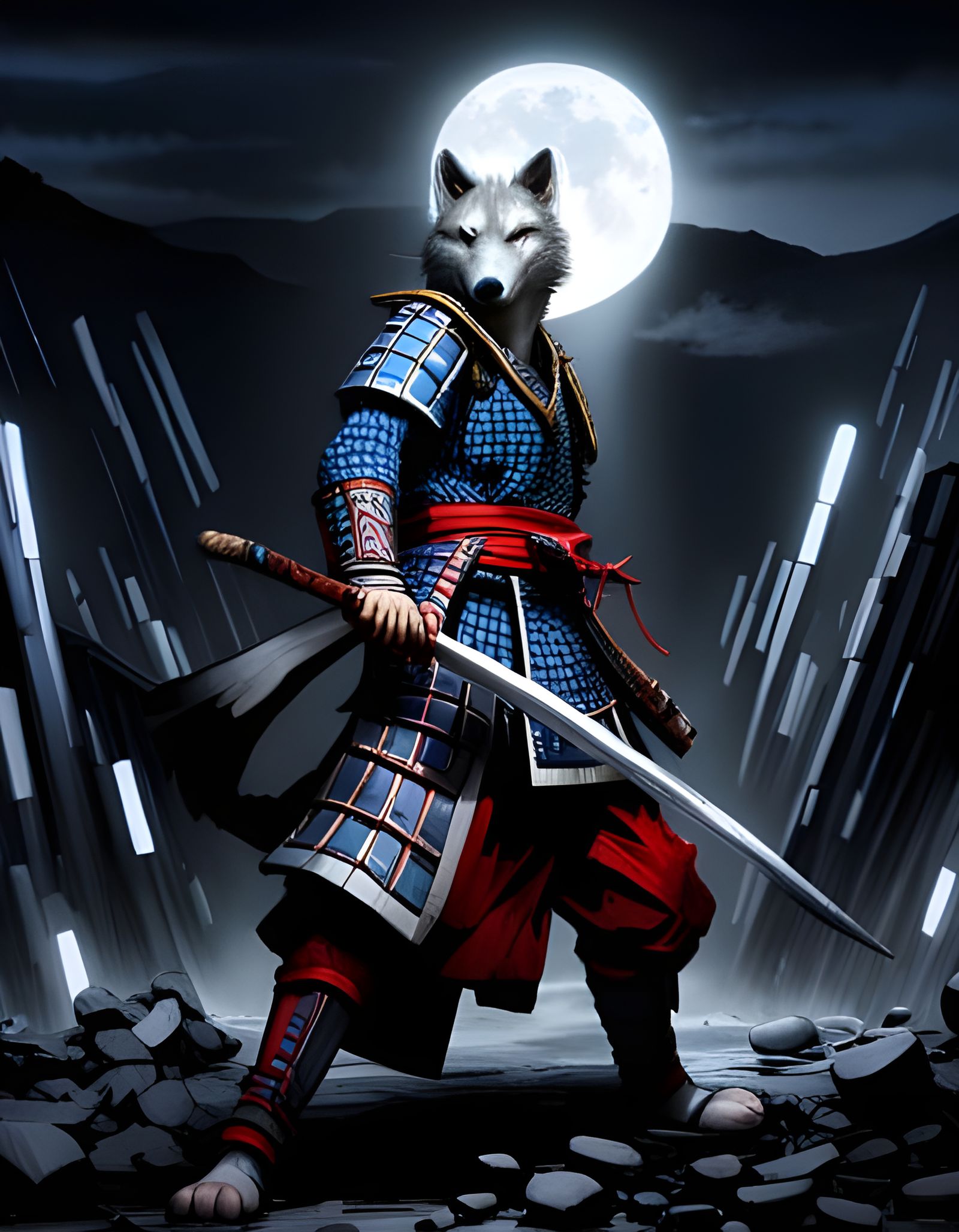 Wolf Samurai Battle in Thunderstorm: Splash Art