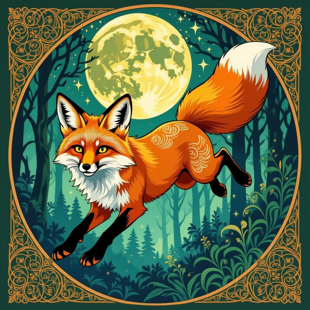 Art Nouveau Fox in Mystical Forest