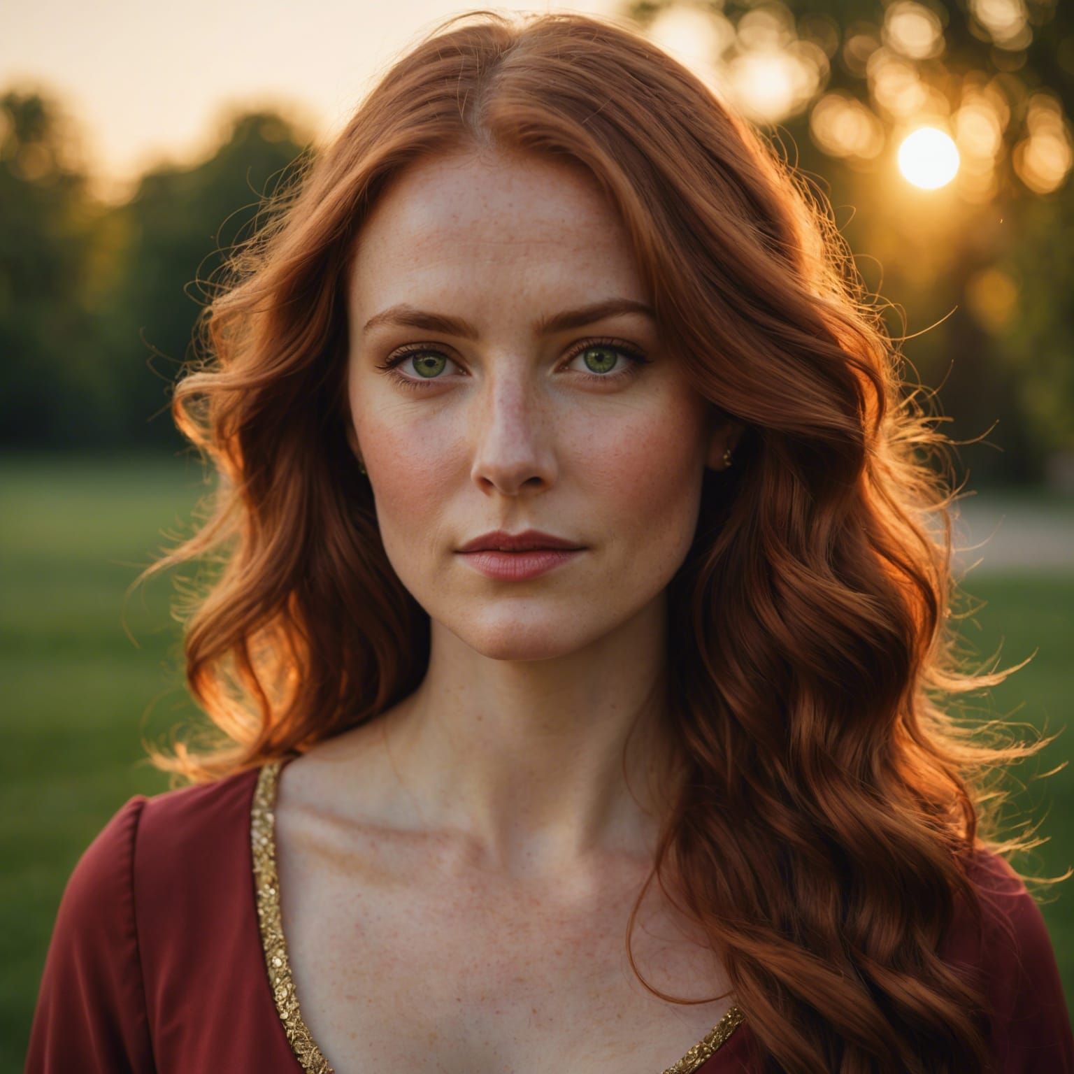 Auburn Haired Woman in Crimson Dress Portrait