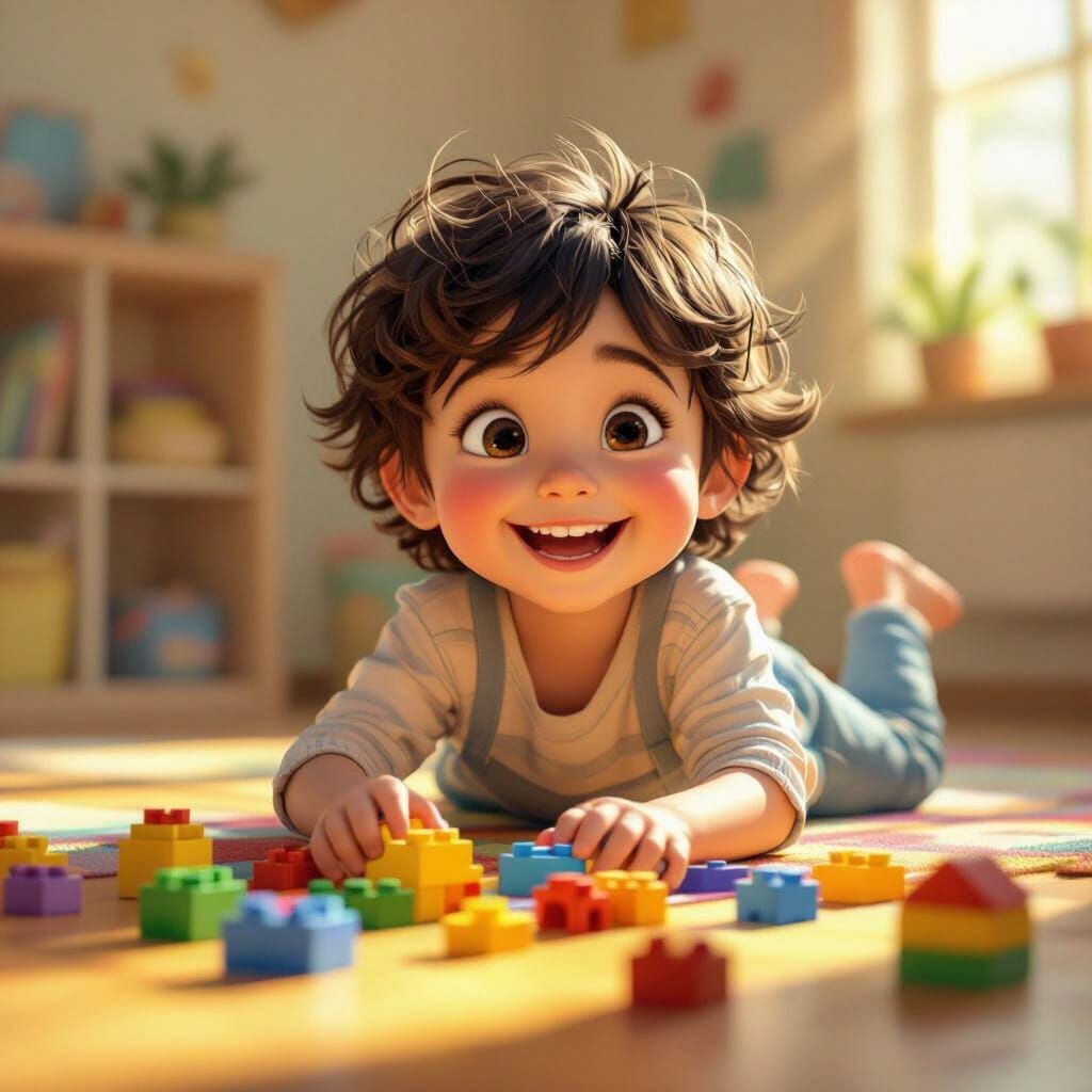 Joyful Elder Child Playing with Blocks in Warm Light