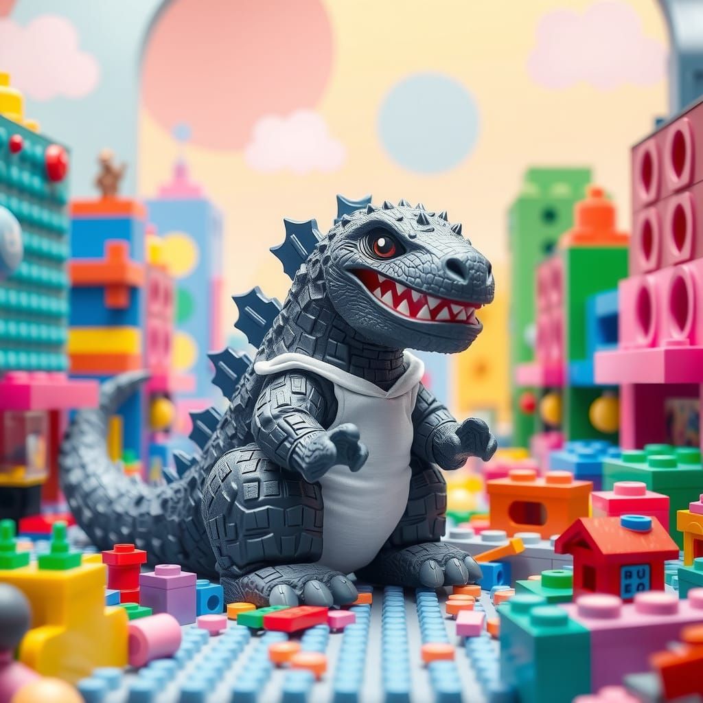 Baby Godzilla Attacks Lego City in Kawaii Style