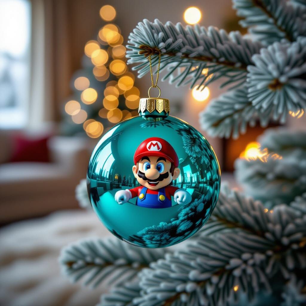 Gleaming Turquoise Christmas Bauble Reflecting Mario, Hyper-...