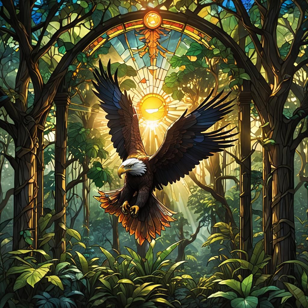 Rainforest Sunrise: Stained Glass Eagle Soaring
