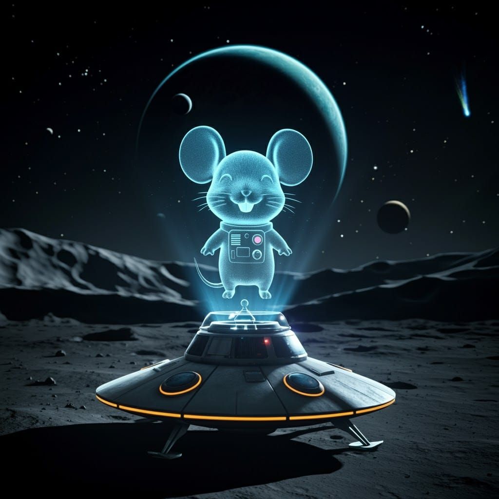 Hyper Realistic Holographic Chibi Mouse on the Moon in Vibra...