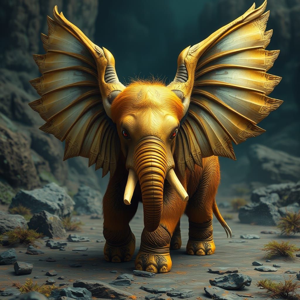 Golden Winged Elephant in Detailed Matte Painting
