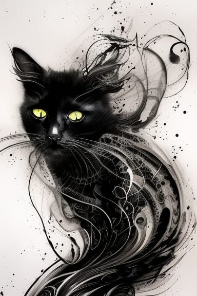Photorealistic Cat Portrait in Black Ink Flow