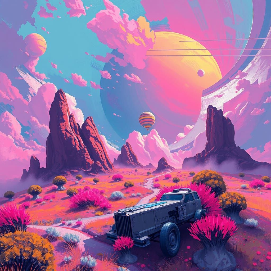 Surreal Futuristic Mountain Landscape in Vibrant Colors