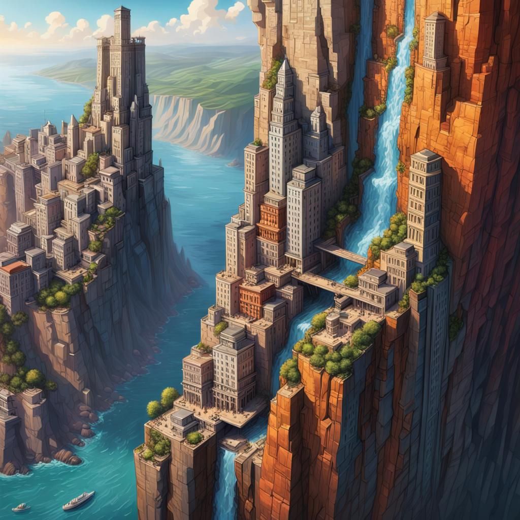 Hyperrealistic Vertical City on Cliff Face Concept Art