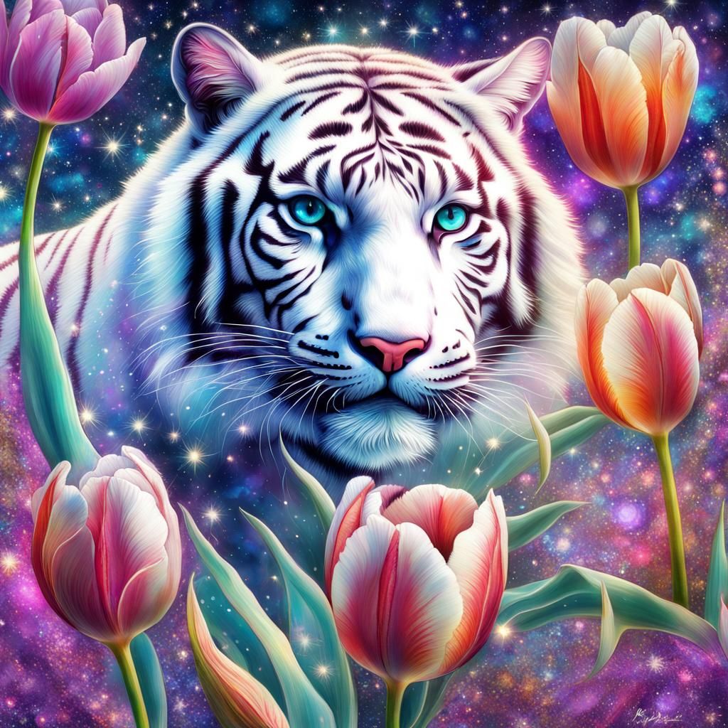 White Tiger in Glittering Tulip Wonderland