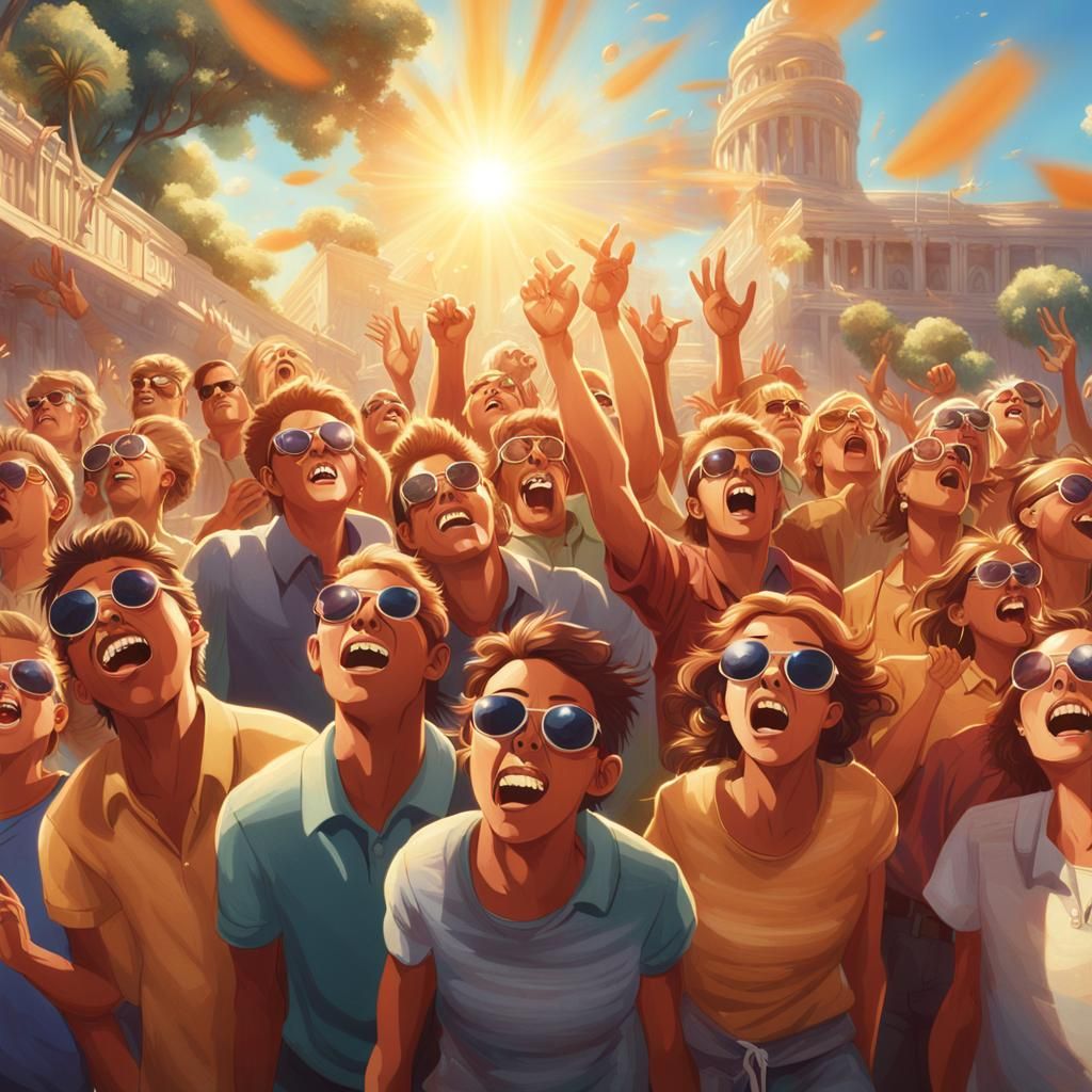 Euphoric Crowd Dazzled by Sunlight in Detailed Matte Paintin...
