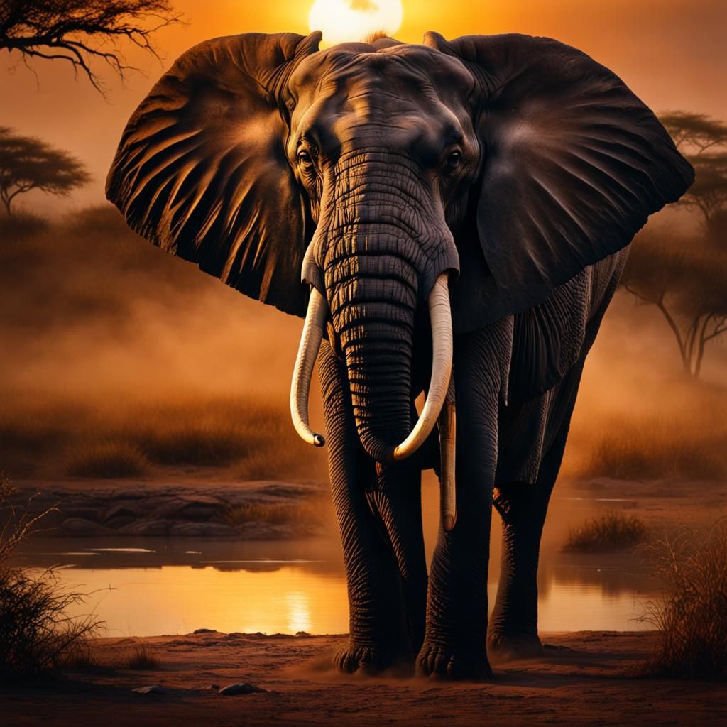 Epic Elephant at Watering Hole in Savanna Sunset