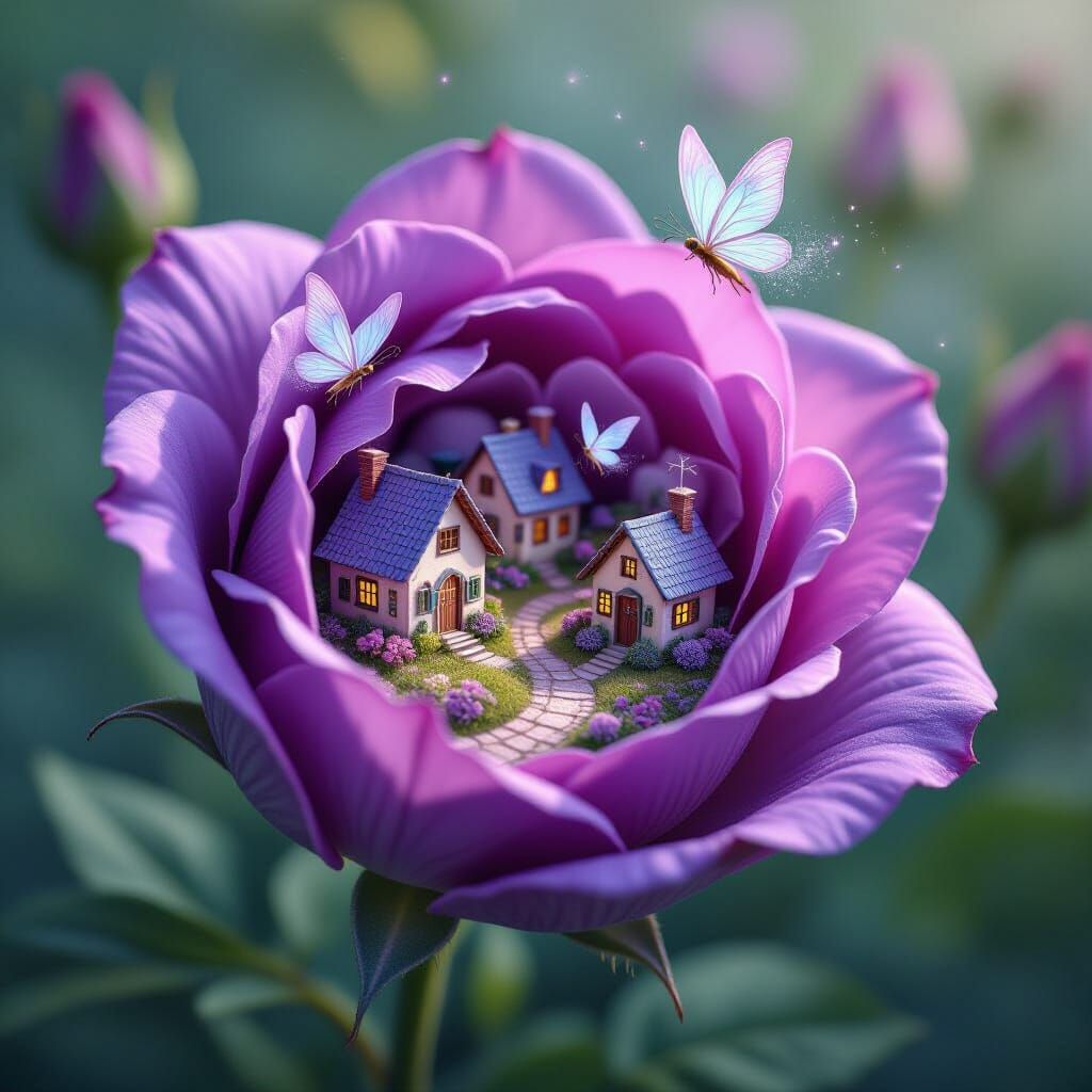 Tiny Village Inside Giant Purple Rose Bud