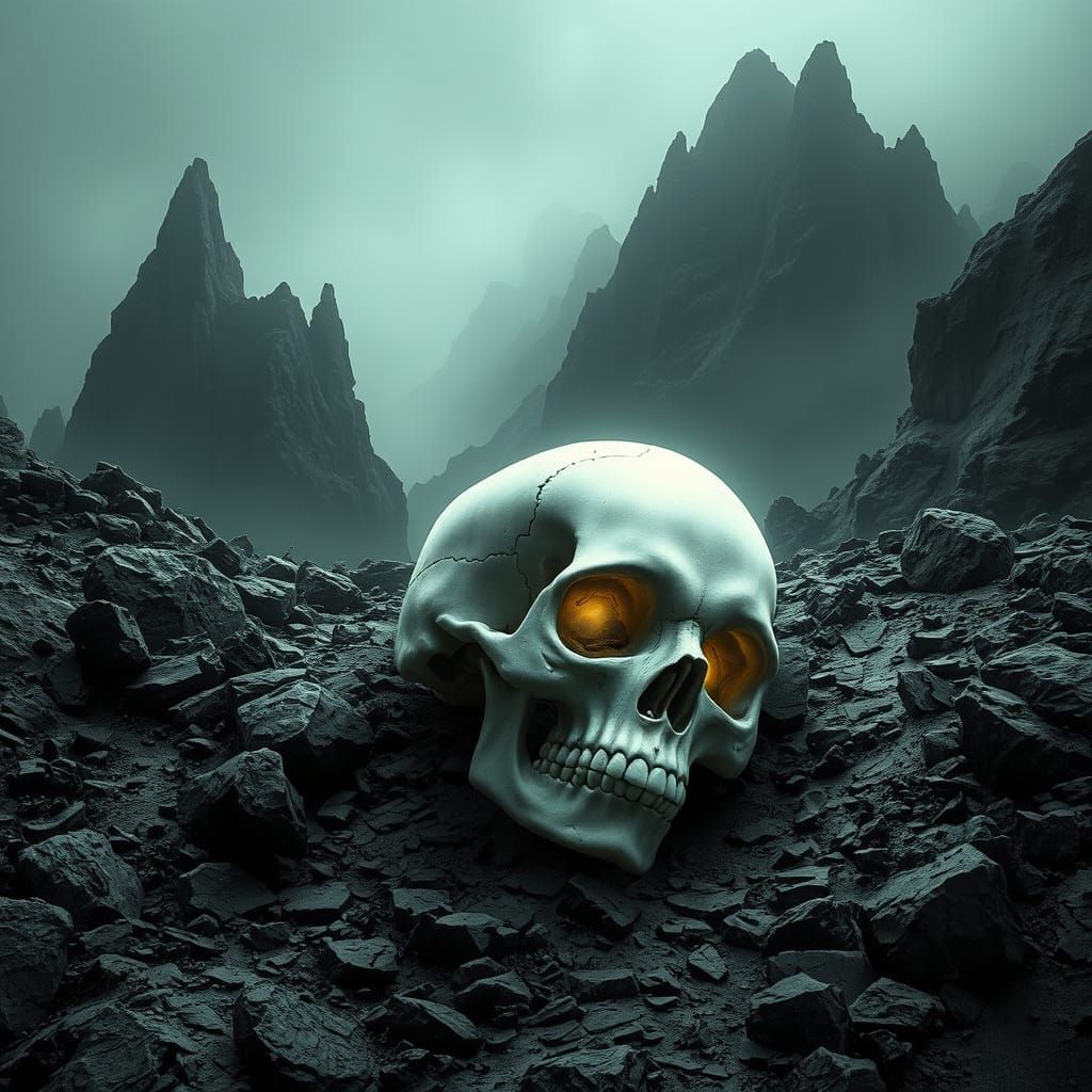 Grim Mountain Skull in Dark, Ominous Style