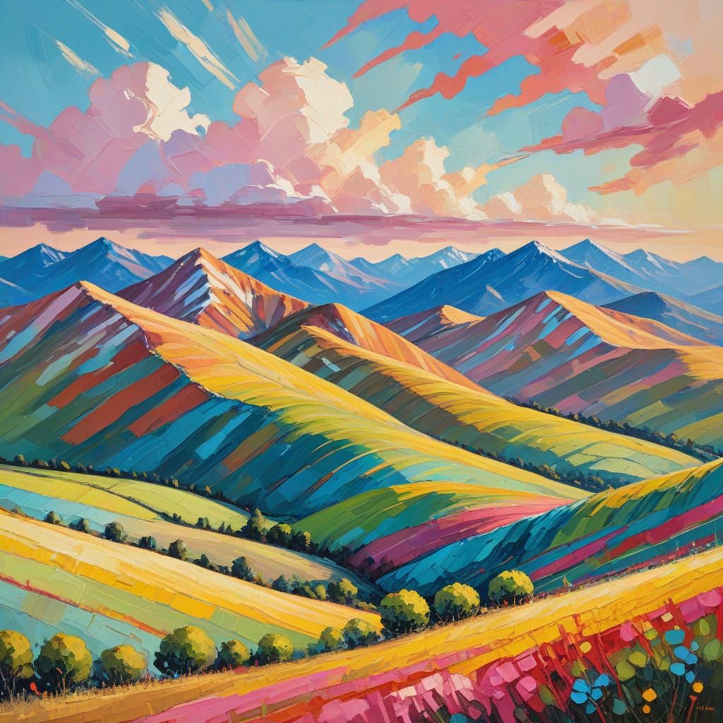 Vibrant Expressionist Landscape with Striped Hills