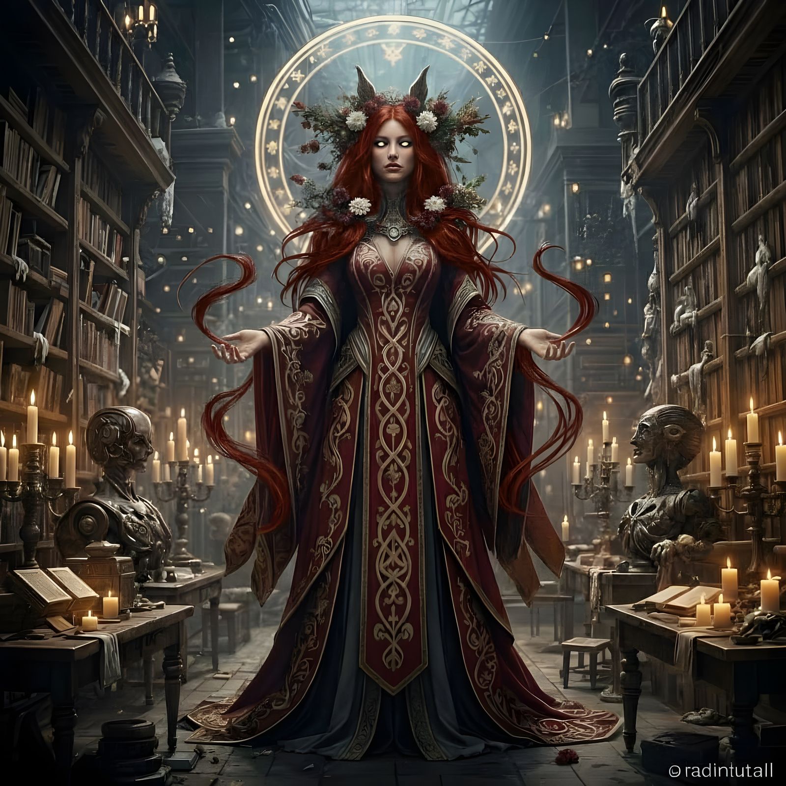 Ancient Fox Goddess in Opulent Library