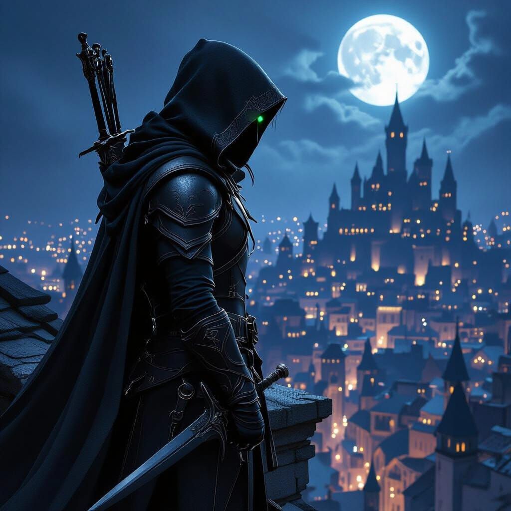 Elven Assassin on Rooftop in Dark Fantasy Style