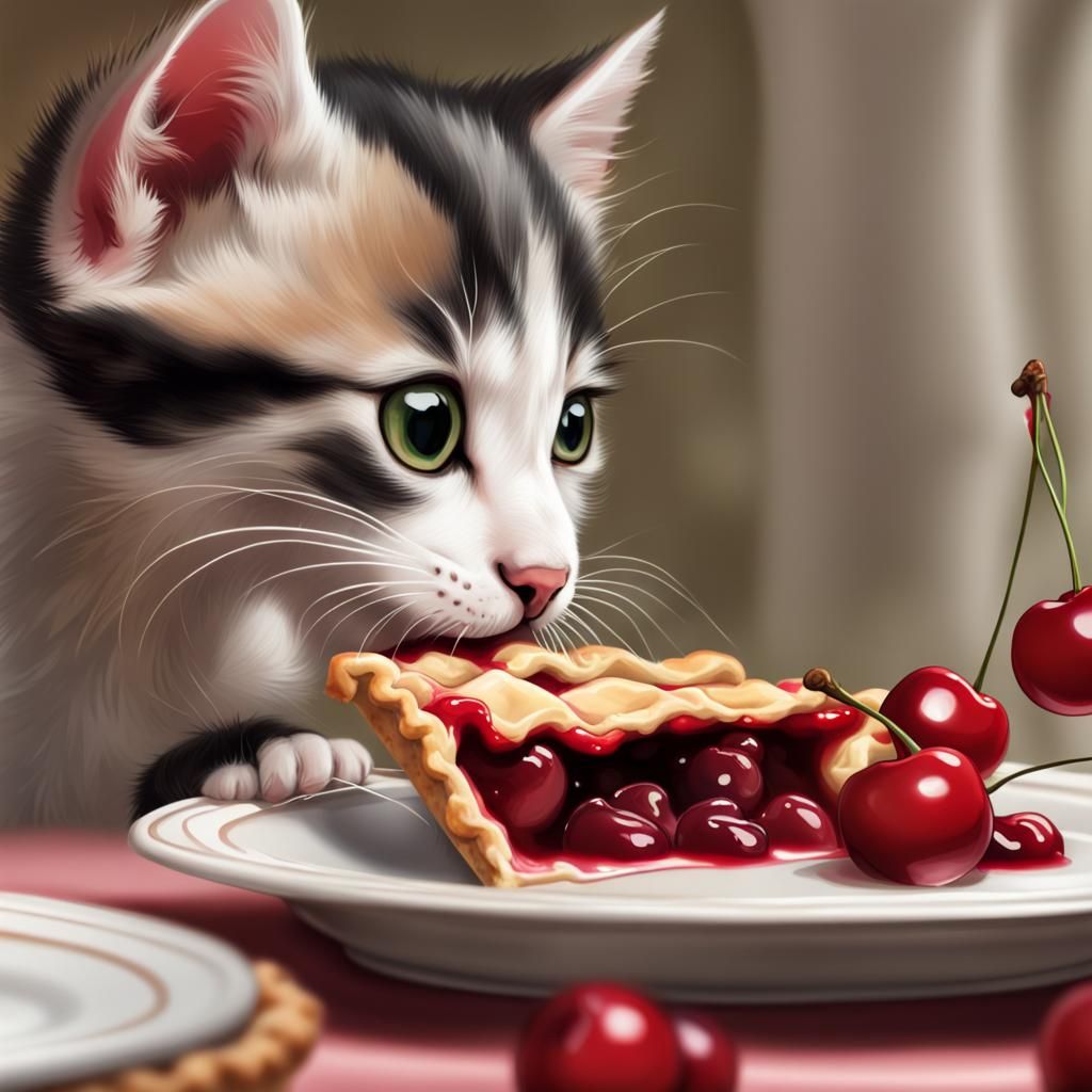 Kitten Steals a Bite of Cherry Pie: Realistic Close-up