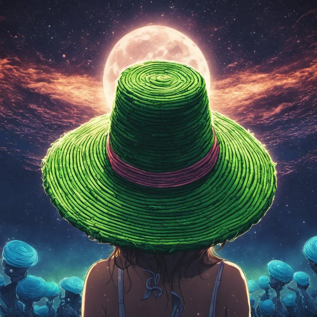 Psychedelic Anime Straw Hat Under Night Sky