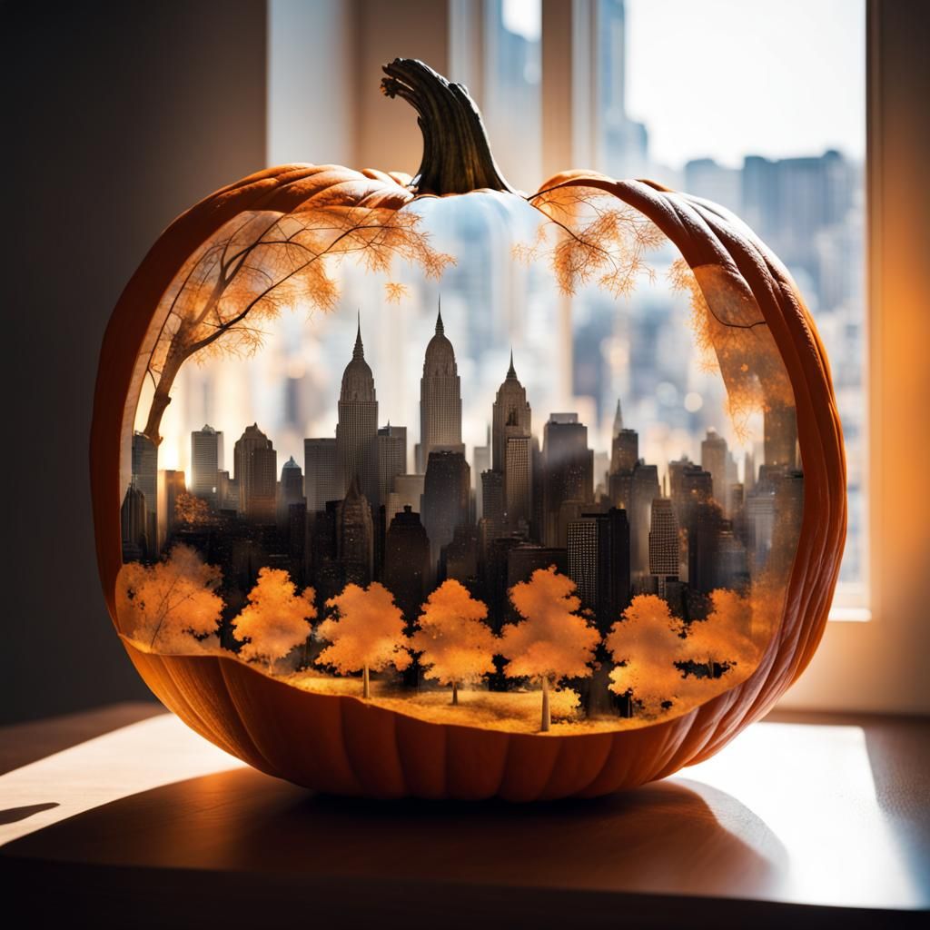 Hidden City Inside Pumpkin Double Exposure Art