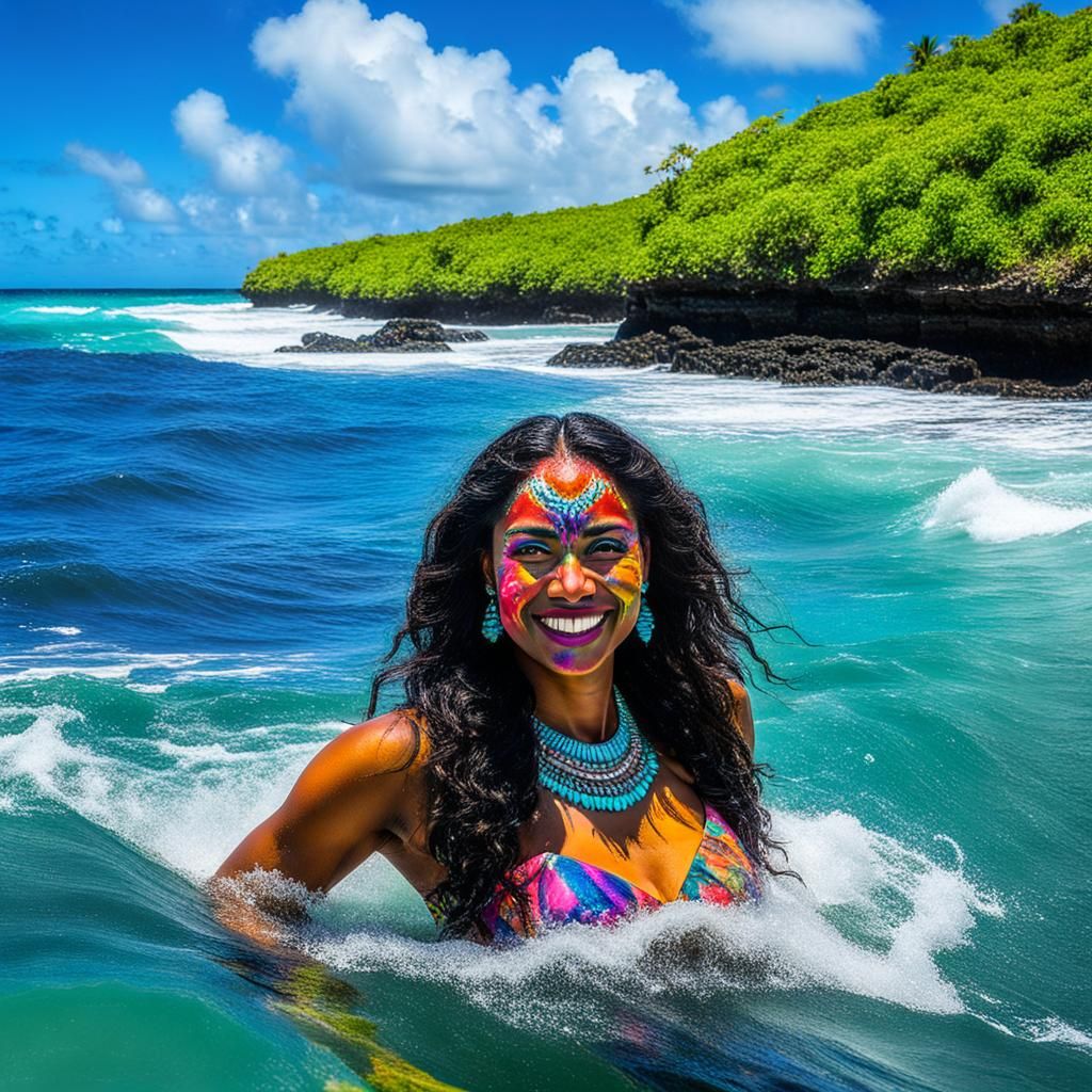 Taíno Woman by Caribbean Sea, Art Nouveau Style