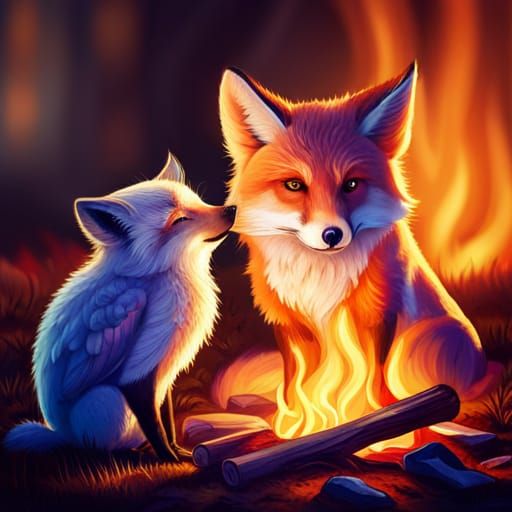 Baby Owl and Fox Cuddle by Campfire
