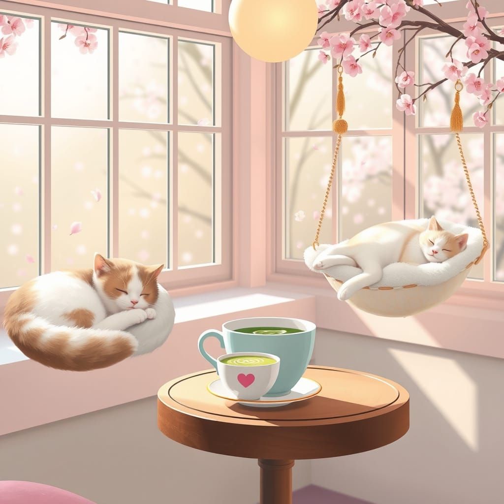 Whimsical Cat Café Basks in Soft Pastel Hues and Cherry Blos...
