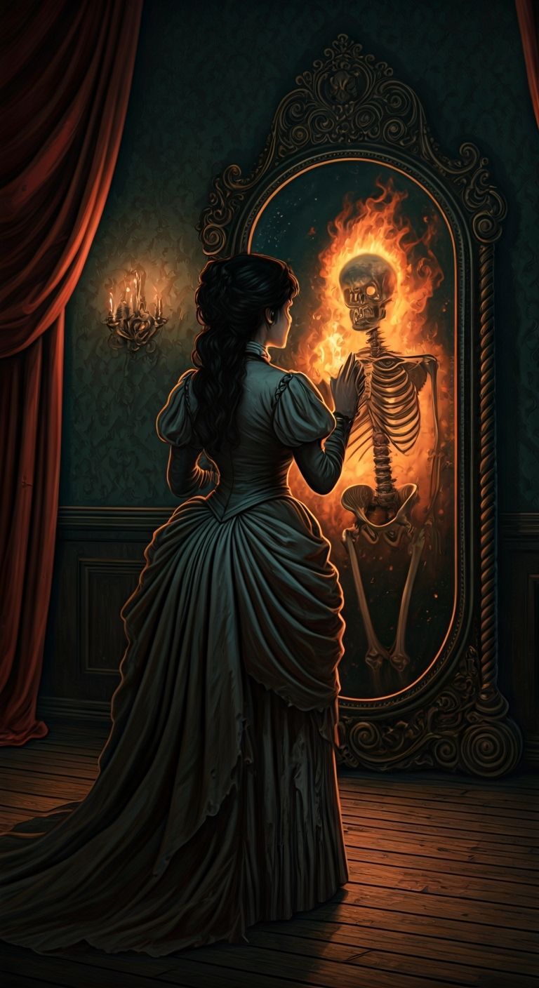 Woman and Skeleton Mirror Reflection in Gothic Style