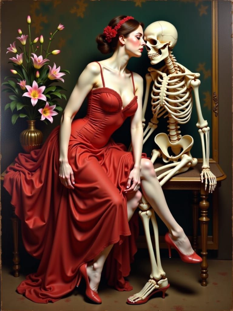 Skeleton Ballerina in Red Satin Pointe Shoes with Skull and ...