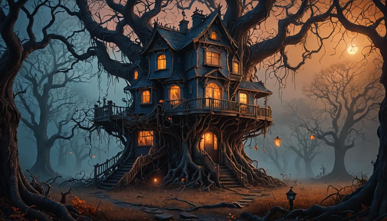 Mysterious Haunted Mansion Backyard at Dusk