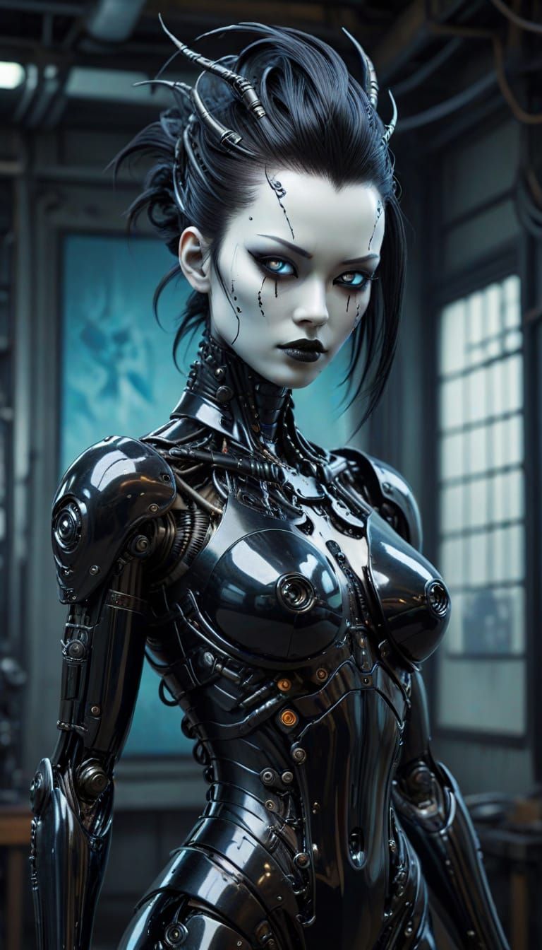 Goth Gynoid Robot with Cyberpunk Bio-Mech Background