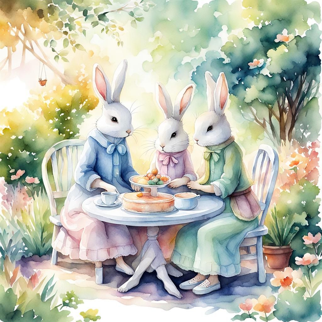 Lesbian Bunny Women Share Cake: Watercolor Illustration