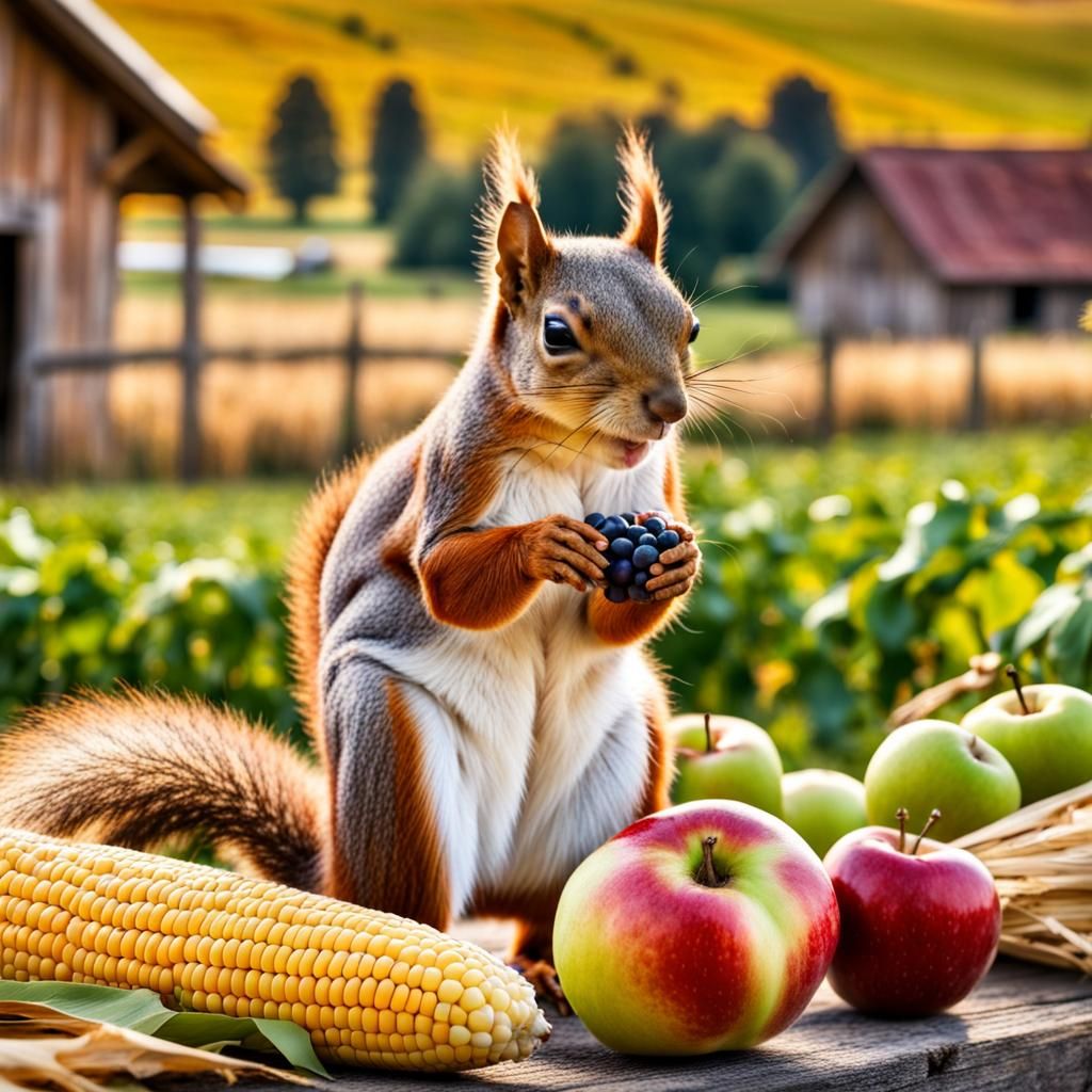 Squirrel Collecting Harvest in Rural Farm Setting